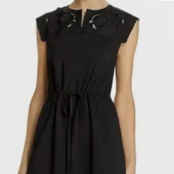 SEE BY CHLOE Cotton Yoke Step Hem Embroidery/Aplique Black KneeMid Dress XS $375 - Picture 3 of 15